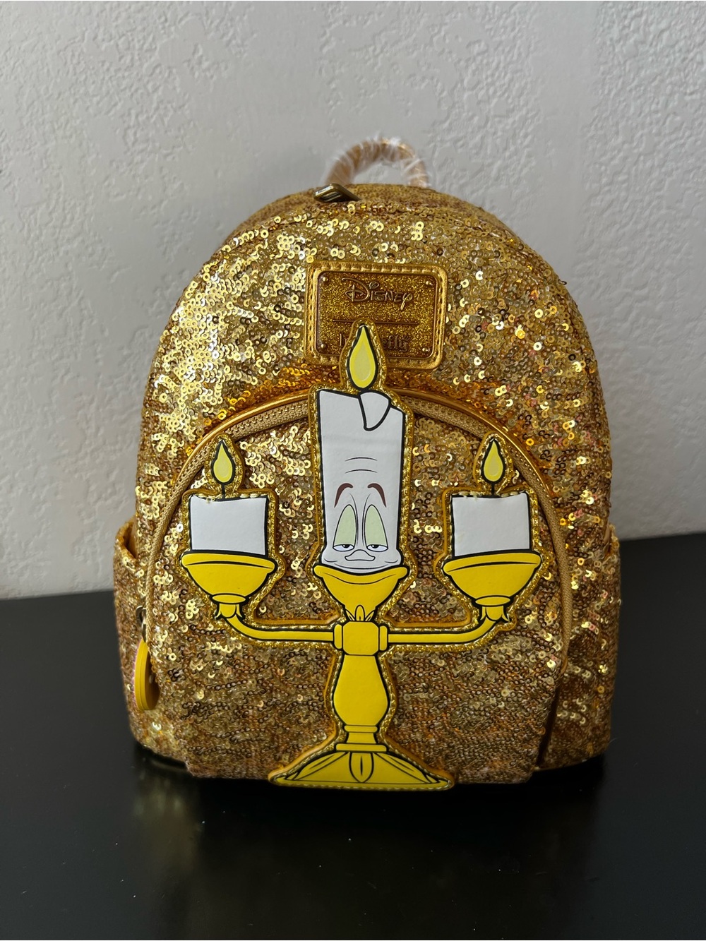 Loungefly Disney Beauty and the Beast Lumiere Gold Sequin Mini Backpack GITD NWT